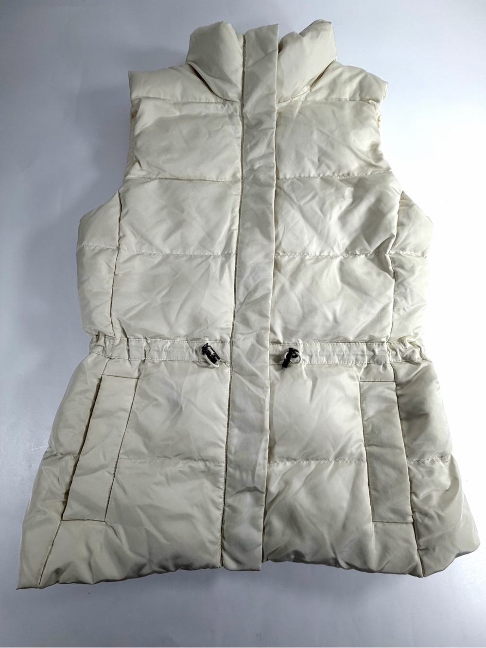 Banana Republic Ivory White Down Puffer Vest Cinched Waist Longline Womens XS